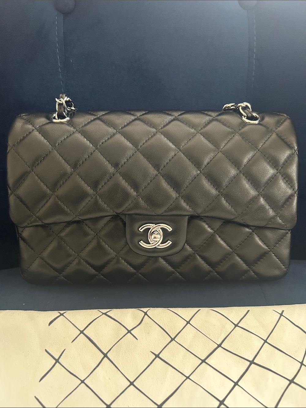 Classic Quilted Double Flap Shoulder Bag in Black Lambskin Silver Hardware